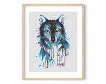 Wolf cross stitch pattern, Watercolor animal decor, Blue wild wolf embroidery chart, Modern counted x-stitch, Instant Digital Download