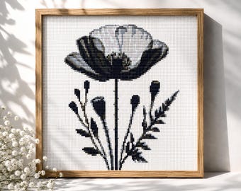 Poppy cross stitch pattern PDF, Monochrome modern Floral, Poppies embroidery, minimalist flowers, Wildflower, Digital Instant download PDF