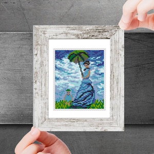 Mini cross stitch pattern Modern tiny art Woman with a Parasol by Claude Monet Famous painting Small miniature art printable pattern pdf