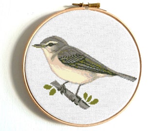 Patrón de punto de cruz de pájaro Warbling Vireo Arte de bordado moderno Gráfico de punto de cruz de pájaro de acuarela Punto de cruz contado PDF Descarga instantánea