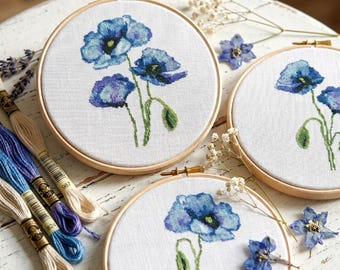 Poppy flower modern cross stitch pattern set, Blue poppies watercolor design, Floral embroidery, PDF Instant download