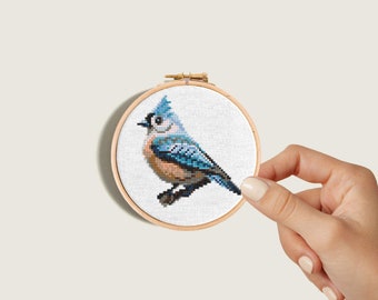 Mini bird cross stitch pattern Tufted Titmouse Modern hand embroidery design Easy cross stitch animal Instant download PDF pattern