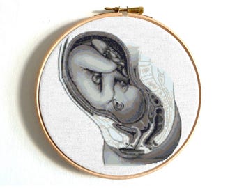 Pregnant woman cross stitch pattern, Anatomical uterus x-stitch, Fetus and embryo, Baby birth embroidery, Digital Instant download
