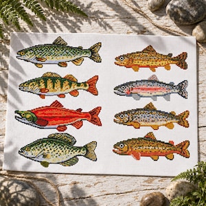 Trout Cross Stitch Patterns Bundle, Rainbow Trout and Freshwater Fish Collection, Rustic Lakehouse Cabin Decor, Digital download PDF