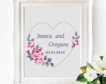 Wedding modern cross stitch pattern, Pink roses heart, Anniversary gift, Floral wreath, Personalized name, Custom name, Instant download