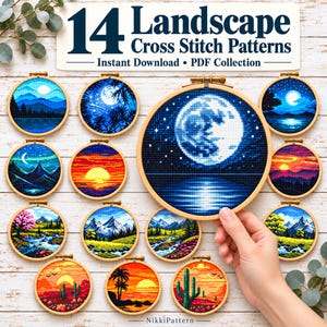 May include: A collection of 14 circular embroidery hoops featuring landscape cross stitch patterns, including moonlit scenes, sunsets, and mountain vistas. The text 14 Landscape Cross Stitch Patterns Instant Download PDF Collection is displayed at the top.
