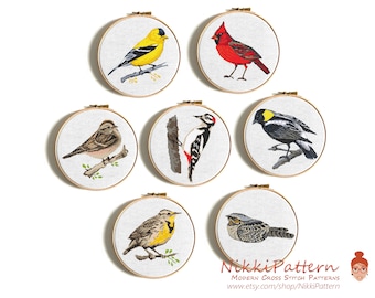 Bird cross stitch pattern bundle Goldfinches Bobolink Chipping Sparrow cute singing birds Easy cross stitch printable PDF pattern