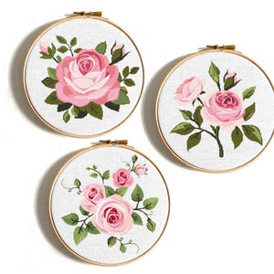 バラのクロスステッチパターン、ピンクの花のクロスステッチ、3つの自然のクロスステッチチャートのセット、花の刺繍、バラの花のクロスステッチPDF