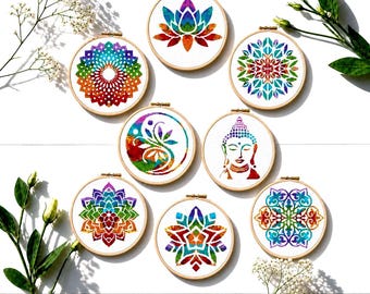 Regenboog mandala kruissteekpatroon set van 8, boho lotus en geometrische borduurontwerpen, kleurrijke pdf-download, doe-het-zelf muurdecoratie cadeau