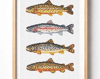 Trout Cross Stitch Pattern PDF | Rainbow Trout | Fish Cross Stitch | Lake Trout Embroidery Pattern