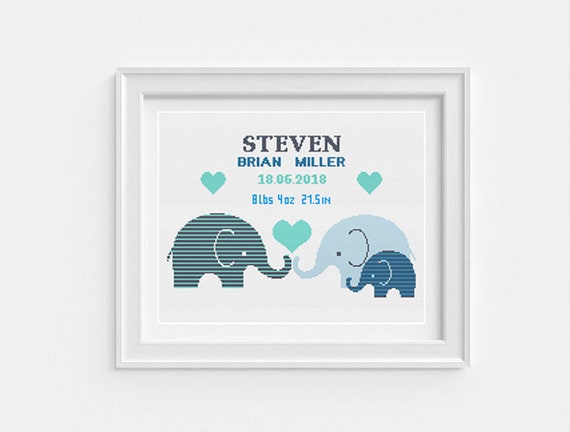 Cross Stitch Baby Boy Birth Sampler, Birth Announcement, Elephant