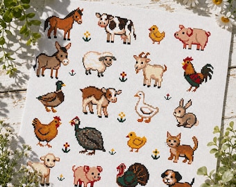 May include: A white fabric square featuring a cross-stitch pattern of various farm animals including a horse, cow, pig, donkey, sheep, goat, rooster, duck, calf, goose, rabbit, hen, guinea fowl, chick, cat, lamb, turkey, and dog with small flowers.