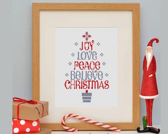 Christmas Cross Stitch Pattern, Modern Holiday Tree Embroidery, Joy, Love, Peace, Believe Quote chart, Digital Instant Download PDF