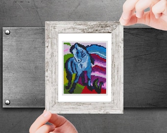Mini art Cross Stitch Pattern, Blue Horse  by Franz Marc Famous painting embroidery, Small Tiny Miniature design,  Digital instant download
