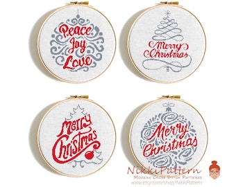 Christmas cross stitch pattern set Christmas tree cross stitch Merry Christmas Peace Joy Love Ornaments embroidery pdf pattern Santa Claus