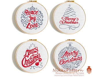 Christmas cross stitch pattern set Christmas tree cross stitch Merry Christmas Peace Joy Love Ornaments embroidery pdf pattern Santa Claus