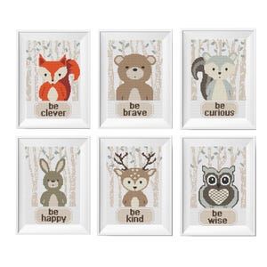 Baby Kreuzstich Stickmuster, Waldtiere, Be clever, Be war bereit, be Art Kinderzimmer Stickdatei Set, Fuchs, Bär, Hase