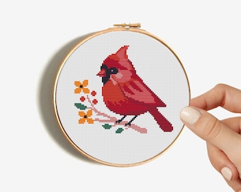 Nordkardinal Kreuzstichmuster - Urlaubsvogel Kreuzstich PDF Sofort-Download - kleiner Blumensingvogel DIY gezählter X-Stich