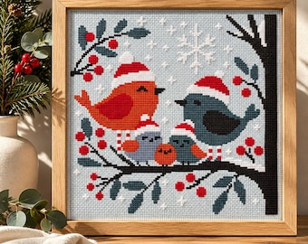 Borduurpatroon voor een kerstvogelfamilie (PDF), beginnersvriendelijk, direct te downloaden.