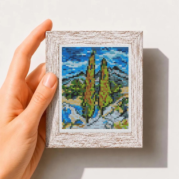 Mini Art Cross Stitch Pattern, The Poplars at Saint-Rémy by Vincent van Gogh, Miniature Famous Painting, Instant Download