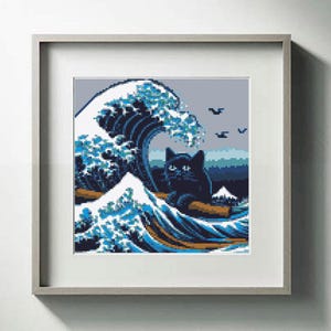 May include: A black cat sits on a large blue wave, reminiscent of the Great Wave off Kanagawa, a famous Japanese woodblock print. The wave is crashing and has white foam at the top. There are small black birds flying in the sky above the wave.