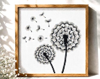Löwenzahn Kreuzstich Stickmuster, Wildblumen Stickdatei, Monochromes Muster, digitale PDF-Datei zum Downloaden