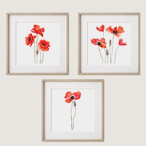 Poppy Cross Stitch Pattern PDF, Poppies Set 3in1, Modern Embroidery, Red flower, Floral Nature Art Watercolor design, Instant download PDF