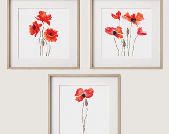 Poppy Cross Stitch Pattern PDF, Poppies Set 3in1, Modern Embroidery, Red flower, Floral Nature Art Watercolor design, Instant download PDF
