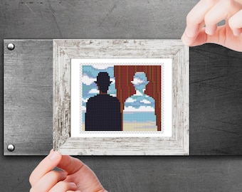 Mini-kruissteekpatroon Moderne kleine kunst - Decalcomania van René Magritte Klein beroemd kunstwerk Mini-handmeesterwerk pdf-patroon Apple man