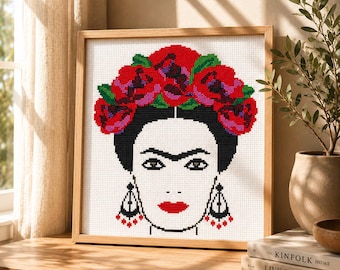 Mexikanische Volkskunst Porträt Kreuzstichmuster, moderne Porträt Stickerei, Rose Blumenkronen auf dem Kopf, Digitaler Sofort-Download PDF