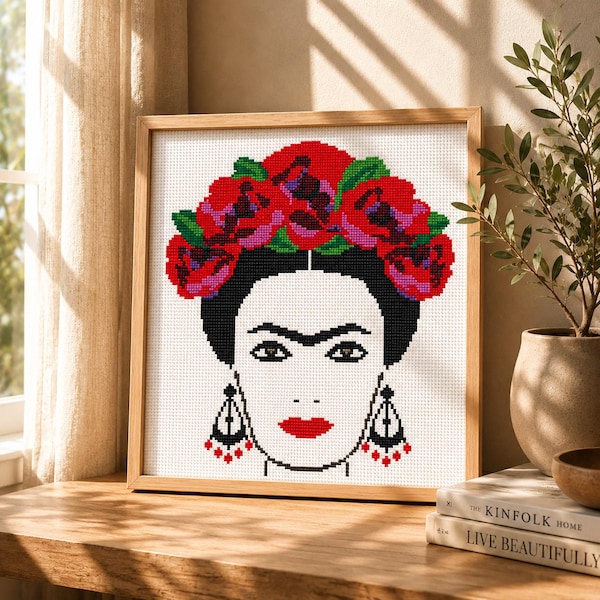 Mexican Folk Art Portrait cross stitch pattern, Modern portrait embroidery, Rose Flower Crowns on head, Digital instant download PDF