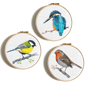 Small bird cross stitch pattern bundle, Robin bird, Kingfishers, Great Tit, cute singing birds counted cross stitch, easy cross stitch PDF image 1