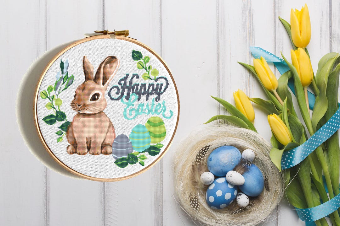 Bunny Cross Stitch Pattern, Happy Easter, Mini Baby Animals With Easter ...