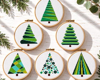 Scandinavian Christmas tree cross stitch pattern, Modern Nordic Christmas decoration, Set of 6 Winter embroidery design, Holiday sampler