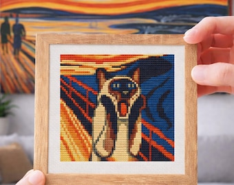 Lustige Mini Kunst Kreuzstich Stickmuster, der Schrei, schreiende Siamkatze, winziges Edward Munch berühmtes Gemälde, digitales Sofort-Download PDF