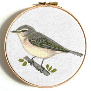 Bird cross stitch pattern, Warbling Vireo, Animal nature art, easy modern embroidery design, digital instant download PDF