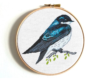 Bird cross stitch pattern, Tree Swallow, Easy modern animal embroidery design, Cute songbird artwork, Digital instant download PDF