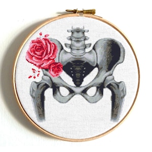 Kreuzstich Stickmuster, Hüftknochen Anatomie Stickerei, Lustiges Kreuzstich Stickmuster, Anatomie bestickter Hüfte mit Rose, Skelett bestickte Kunst bestickt