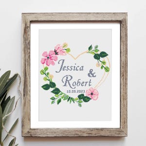 Modern wedding cross stitch pattern, Heart embroidery with flowers and custom names, Personalized wedding gift, Instant Download PDF