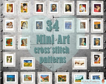 34 Mini Art Cross Stitch Patterns Mini masterpieces Starry night, Modern cross stitch bundle, Tiny famous paintings, Beginner pattern