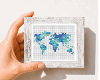 Patrón de mini punto de cruz de mapa del mundo, silueta del mundo, mapa del mundo en acuarela, patrón PDF de punto de cruz contado, descarga instantánea.