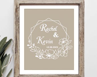 Schema moderno per punto croce per matrimonio, punto croce personalizzato fai da te, regalo di anniversario di matrimonio, fiore monocromatico, nome personalizzato in PDF