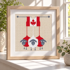 Patrón de punto de cruz de oveja canadiense en PDF, bandera de Canadá y hoja de arce, decoración para el Día de Canadá ideal para principiantes.