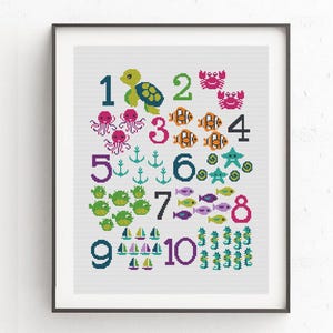 Baby cross stitch pattern, Numbers wit sea animals, Nursery decor, Printable PDF pattern Clownfish, Turtle, fish, seahorse, octopus, Easy