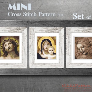 Set of 3 Mini Cross Stitch Pattern Art -The Virgin Christ La Scapigliata painting cross stitch PDF pattern Small Tiny Miniature picture