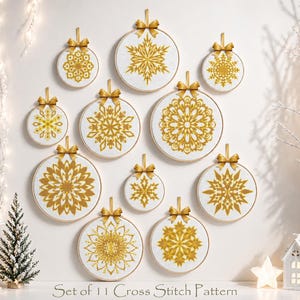 Christmas Snowflake Cross Stitch Pattern Set – 11 Mini Embroidery Designs, DIY for Kids, Gold Mandala Flower, Instant Download PDF