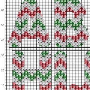 Color symbol chart close-up from a Christmas alphabet cross stitch pattern PDF. Large letters contain red, green, and white zigzag stripes on a numbered grid with bold ten-stitch lines.