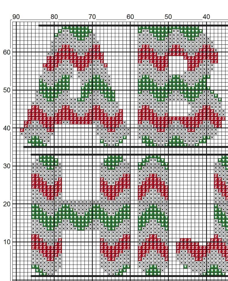 Color symbol chart close-up from a Christmas alphabet cross stitch pattern PDF. Large letters contain red, green, and white zigzag stripes on a numbered grid with bold ten-stitch lines.