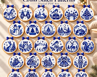 Kerstborduurpatroonset - 27 mini-ornamenten in winterse bosstijl - Direct te downloaden als PDF