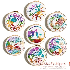 Yin Yang-kruissteekpatroon – set van 7 kleurrijke mandala's, levensboom, meditatiesymbolen pdf, moderne borduurringkunst, zendecor